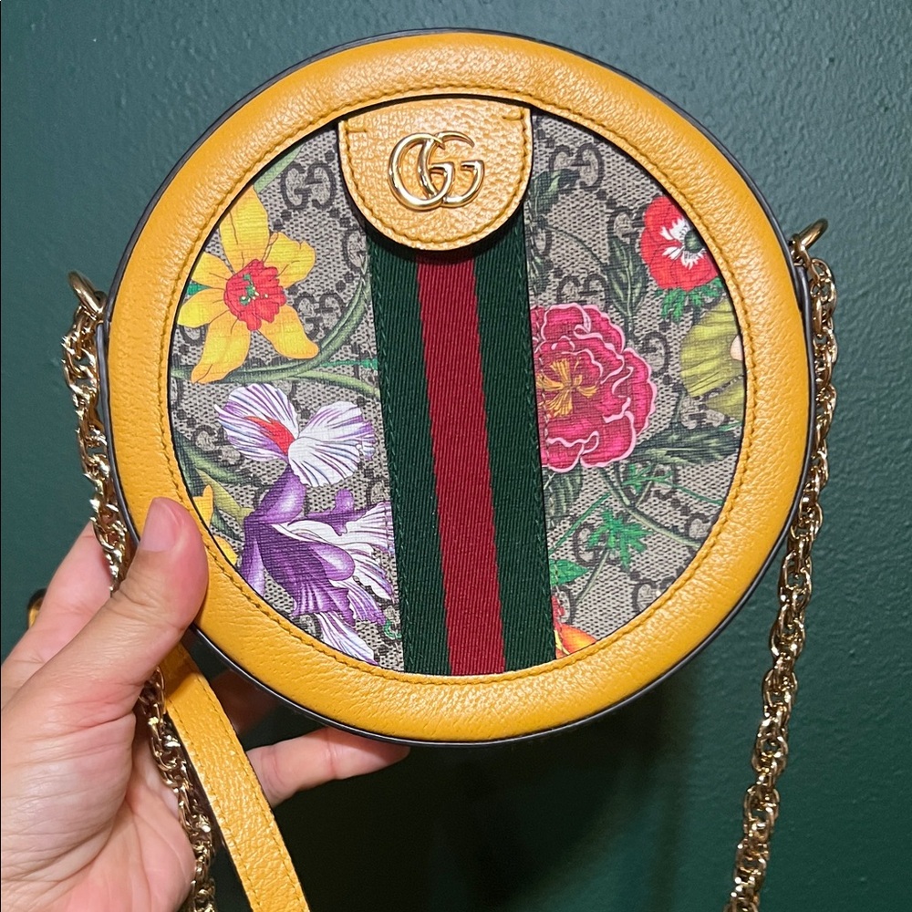 Gucci Floral Round Crossbody Bag with Yellow Trim - Flora Ophidia Mini